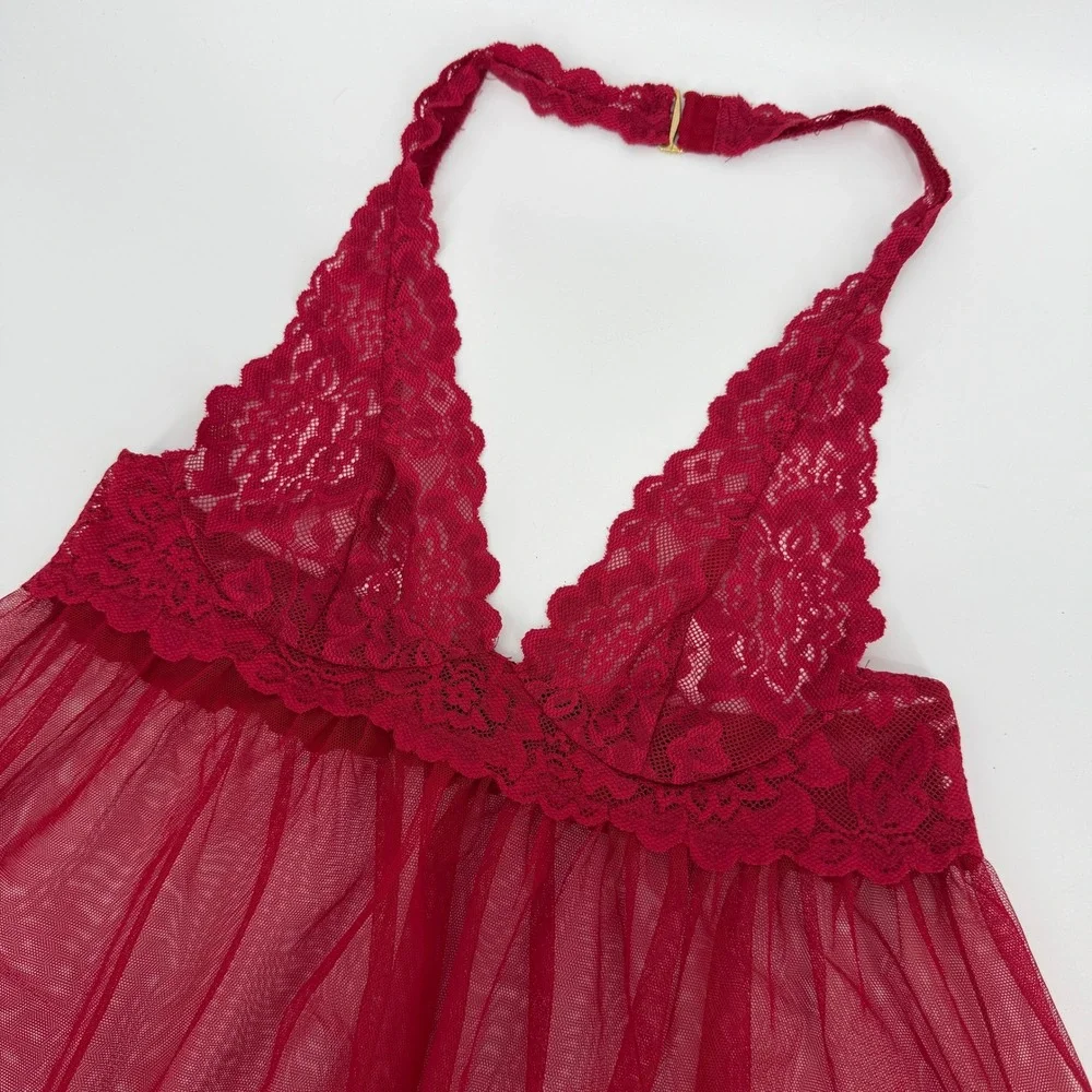 Victoria's Secret Red Sexy Mesh Lace Babydoll Halter Slip‎ Nightie Sz S